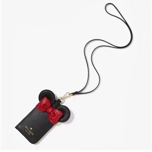 Kate Spade x Disney Minnie Mouse 3D Bow Card Case Lanyard Leather Black Red NWT